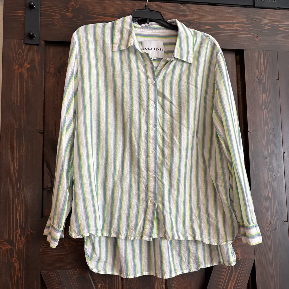 ❗️FINAL❗️Lola Rivera Women's Striped Button Down Shirt - Green and White Large